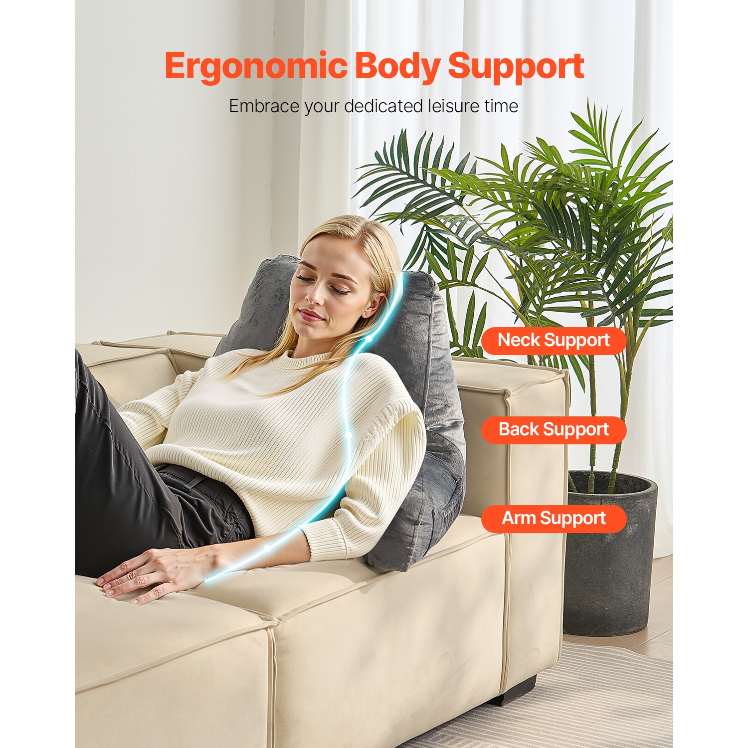 Grey Reading Pillow With Memory Foam, Back Support And Pockets_voghion.com